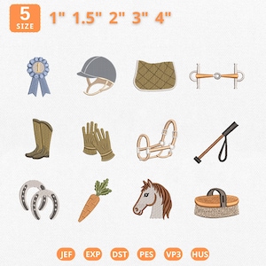 May include: An assortment of equestrian-themed embroidery designs. The image includes a blue ribbon, riding helmet, saddle pad, bit, riding boots, gloves, bridle, crop, horseshoes, carrot, horse head, and a brush. Sizes range from 1 to 4 inches.