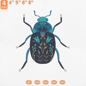 May include: An embroidered design of a stylized beetle in shades of teal, navy, and gold. The design includes floral elements and is available in sizes 4", 5", 6", and 8". The image also displays file formats JEF, EXP, DST, PES, and VP3.