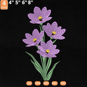 Könnte beinhalten: Lilafarbene Stickerei-Design eines Straußes aus fünf Blumen mit gelben Zentren. Das Design ist in vier Größen erhältlich: 4 Zoll, 5 Zoll, 6 Zoll und 8 Zoll.