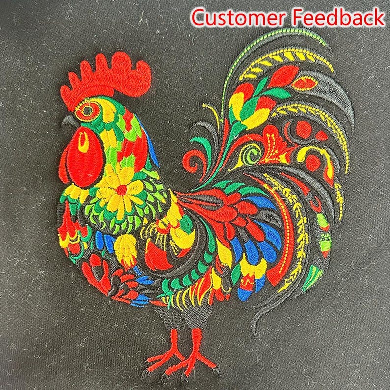 May include: Embroidered patch featuring a colorful rooster design. The rooster has a red comb and wattle, with a body of red, yellow, green, and blue. The patch is on a black background. Text at the top reads "Customer Feedback."