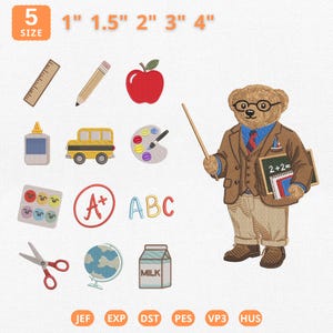 Mini paquete de diseño de bordado para la vuelta al cole, bordado de útiles escolares adorables, archivo para máquina de coser con diseño de oso profesor, iconos escolares, descarga instantánea.