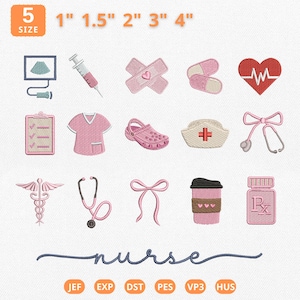 Puede incluir: Una colección de diseños bordados en rosa y blanco con temática de enfermería. Los diseños incluyen un estetoscopio, pastillas, un gorro de enfermera, un monitor cardíaco y una taza de café. La palabra "nurse" está escrita en cursiva. Tamaños de 2,5 cm a 10 cm.