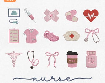 Mini set di disegni per ricamo con icone di infermiere, file per macchina da ricamo Coquette Medical RN, disegno per ricamo di pillole, regalo per studente di infermieristica, download immediato