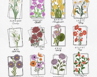 誕生月の花刺繍セット、12ヶ月花刺繍マシンファイル、12種類の花の