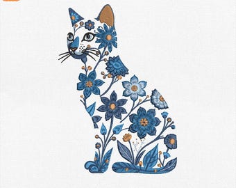 花柄の猫の刺繍デザイン、青い植物のシルエットのミシン用ファイル