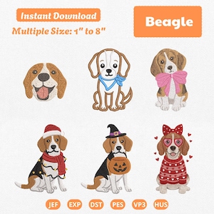 Pode incluir: Seis desenhos bordados de beagle apresentando uma cabeça de cão, um filhote com bandana azul, um filhote com laço rosa, um filhote com gorro de Papai Noel e cachecol, um filhote com chapéu de bruxa e abóbora, e um filhote com óculos de coração.