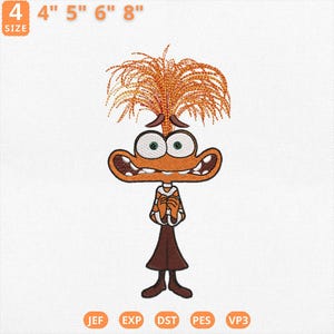 May include: An embroidered cartoon character design with a large orange mouth, green eyes, and orange hair. The character wears a brown outfit. The image includes size options: 10.16cm, 12.7cm, 15.24cm, and 20.32cm.