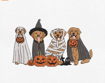 May include: An embroidered Halloween design featuring four dogs dressed in costumes. One dog is in a ghost costume, another in a witch costume, a third in a mummy costume, and the last in a cape. Pumpkins and a tombstone are also included. Sizes available: 4", 5", 6", and 8".