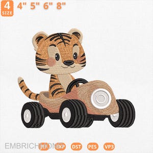 Cute Baby Tiger Driving Car Embroidery Design, Safari Animal Race Car Embroidery File, Little Boy Nursery Machine File, Instant Download