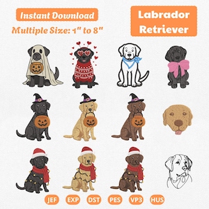 Puede incluir: Un conjunto de diseños de bordado digital con ilustraciones de Labrador Retriever. Incluye perros con disfraces de Halloween, suéteres de invierno y accesorios festivos. Texto: Instant Download, Multiple Size: 2,54 cm to 20,32 cm, Labrador Retriever, JEF, EXP, DST, PES, VP3, HUS.