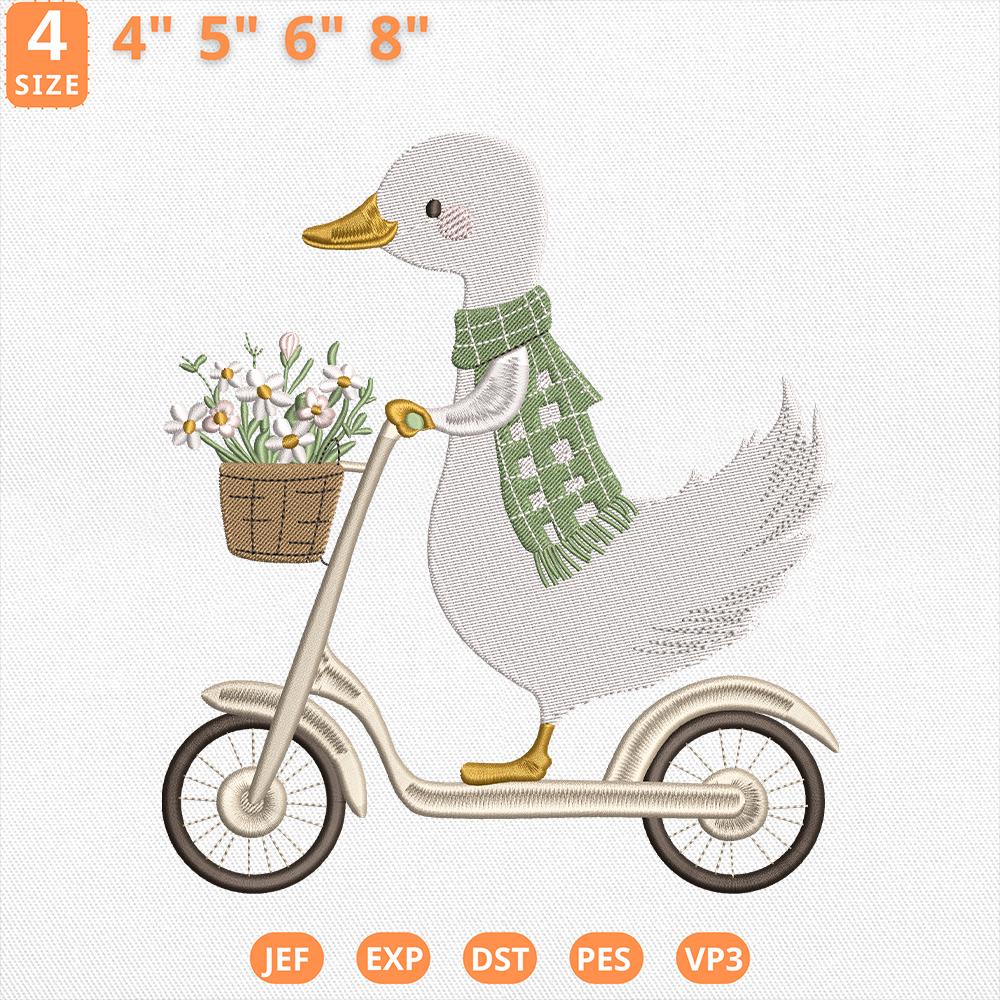 Cute Duck Scooter Embroidery Design, Neutral Nursery Goose Riding ...