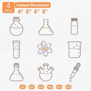 Science Chemistry Applique Embroidery Bundle, Cute STEM Lab Test Tube Beaker Atom Embroidery, School Project Machine File, Instant Download