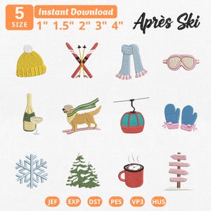 Puede incluir: Un conjunto de diseños de bordado Après Ski con doce iconos: un gorro amarillo, esquís rojos, una bufanda azul, gafas rosas, una botella y copa de champán, un perro esquiando, una góndola roja, manoplas azules, un copo de nieve, pinos, una taza roja y un poste señalizador.