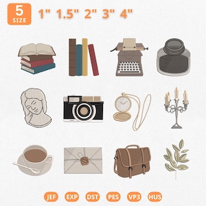 May include: A collection of embroidered designs featuring literary and vintage themes. Includes a stack of books, a typewriter, a camera, a pocket watch, a coffee cup, and a satchel. Sizes range from 1" to 4".