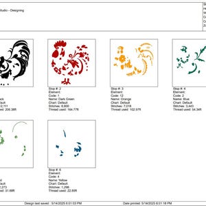 May include: Color film design with six color variations of a rooster and floral elements. The design is labeled "*6IN*" and includes stitch counts, thread usage, and color names such as black, dark green, orange, blue, red, and yellow.