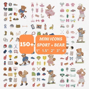 Op de afbeelding: Een digitale collectie van meer dan 150 mini-iconen met beren die verschillende sporten beoefenen, zoals voetbal, tennis, golf, honkbal en hockey, inclusief bijbehorende uitrusting en de tekst 150+ MINI ICONS SPORT + BEAR 1" 1.5" 2" 3" 4".