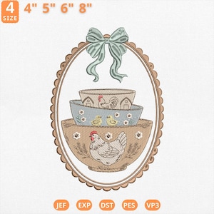 May include: An embroidered design featuring three stacked bowls with a farmhouse theme. The bowls are decorated with chickens, chicks, and floral patterns. A light blue bow sits above the bowls, framed by a scalloped oval. The design sizes range from 4" to 8".