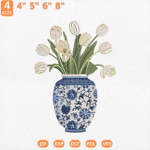 May include: An embroidered design of a vase filled with white tulips and green leaves. The vase is blue and white with a floral pattern. The image includes size options: 10 cm, 13 cm, 15 cm, and 20 cm.