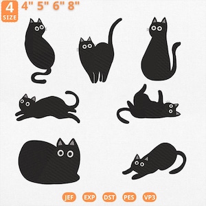 May include: Six black cat embroidery designs in various poses, including sitting, lying down, and curled up. The designs are available in four sizes: 4 inches, 5 inches, 6 inches, and 8 inches. The file formats included are JEF, EXP, DST, PES, and VP3.