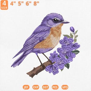Puede incluir: Diseño bordado de un pájaro morado posado en una rama marrón con flores moradas. El pájaro tiene el pecho marrón claro y está sobre un fondo blanco. Tamaños disponibles: 10 cm, 13 cm, 15 cm y 20 cm.