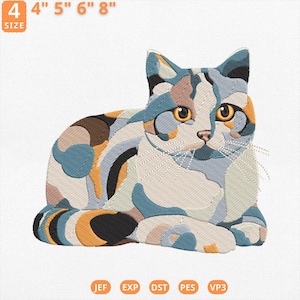 Motif de broderie chat coloré, motif de broderie chat camouflage, kitty style patchwork abstrait avec des yeux réalistes, téléchargement immédiat