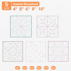 Puede incluir: Cinco patrones de bordado digital para máquinas de acolchar en marcos cuadrados. Los diseños incluyen formas de estrellas geométricas y líneas de punteado continuas. El texto indica 5 tamaños: 4", 5", 6", 8", 10". Formatos: JEF, EXP, DST, PES, VP3, HUS.