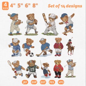 May include: Set of 14 embroidered bear designs in various sports. The bears are depicted playing baseball, football, cricket, skateboarding, hockey, soccer, polo, tennis, and golf. Sizes available: 4", 5", 6", and 8".