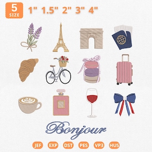 May include: A collection of twelve embroidered icons including lavender, the Eiffel Tower, Arc de Triomphe, passport, croissant, bicycle, macarons, suitcase, coffee, perfume, wine glass, and a bow. Text reads 5 SIZE 1" 1.5" 2" 3" 4" and Bonjour.