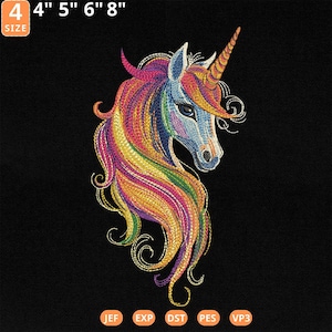 Op de afbeelding: Geborduurde eenhoorn patch met een regenboog manen en een gouden hoorn. De patch staat op een zwarte achtergrond en is verkrijgbaar in de maten 10 cm, 13 cm, 15 cm en 20 cm. Het woord "SIZE" staat in een witte doos linksboven.