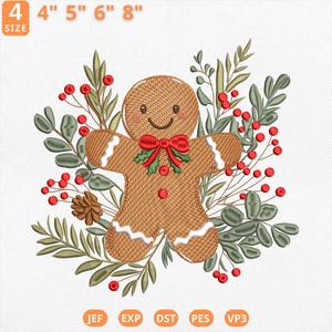 Peut inclure: Motif de bonhomme en pain d'épices avec nœud papillon rouge et glaçage blanc, entouré de feuilles vertes et de baies rouges. Disponible en tailles 10 cm, 13 cm, 15 cm et 20 cm.