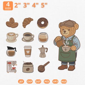 Mini Coffee Shop Bundle Stickmuster, niedlichen Barista Teddy Bär Stickdatei, Espresso Maker Maschinendatei, Instant Download