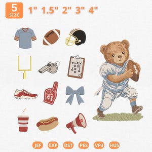 May include: A collection of embroidered patches with a football theme. Includes a football, helmet, goal post, whistle, play diagram, shoe, foam finger, bow, drink, hot dog, and megaphone. A teddy bear in a football uniform is also featured. Sizes range from 1" to 4".