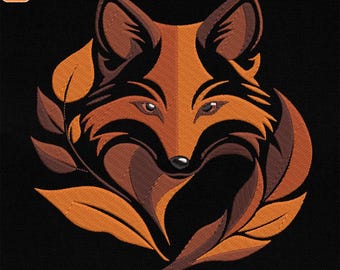 May include: An embroidery design of a fox's head with brown and orange fur, surrounded by stylized orange leaves. The design is available in sizes 4", 5", 6", and 8".