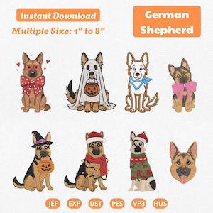 May include: A set of digital embroidery designs featuring German Shepherd dogs in various outfits, including a ghost costume, a witch hat, and holiday sweaters. Text includes Instant Download, Multiple Size: 1" to 8", German Shepherd, JEF, EXP, DST, PES, VP3, HUS.