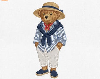 Coastal Teddy Bear Embroidery Design, Summer Vacation Machine File, Fashion Bear Embroidery File, Seashell Beach Design, Instant Download