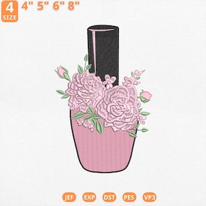 May include: Pink nail polish bottle embroidery design with a black cap and floral embellishments. The design measures 4" x 8" and includes JEF, EXP, DST, PES, and VP3 file formats.