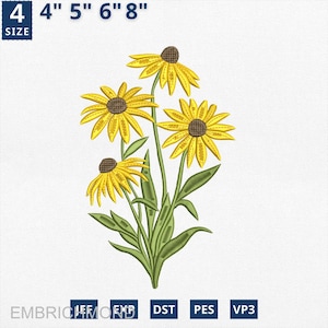 May include: An embroidered design of yellow coneflowers with brown centers and green stems and leaves. The design is available in sizes 4", 5", 6", and 8". The design is suitable for embroidery projects.