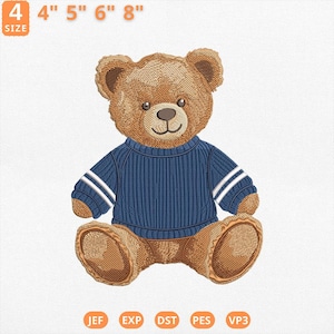 May include: An embroidered teddy bear design. The bear is brown with a blue sweater featuring white stripes on the sleeves. The design is available in various sizes, from 4 inches to 8 inches.