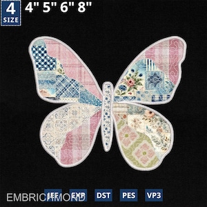 May include: A butterfly-shaped applique with a patchwork design. The wings feature various patterns in pink, blue, and cream, including floral, plaid, and polka dot motifs. The applique is available in sizes 10 cm, 13 cm, 15 cm, and 20 cm.