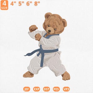 Karate Teddy Bear Embroidery Design, Cute Martial Arts Bear in White Gi with Blue Belt Machine File, Kids Sport Embroidery, Instant Download