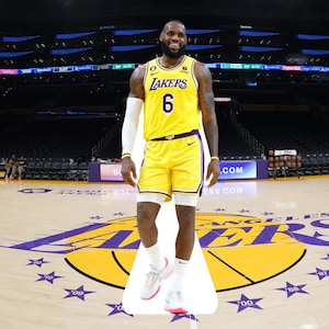 May include: A person wearing a yellow basketball jersey and shorts with the number 6, standing on a basketball court. The jersey says "LAKERS" and the shorts have a white stripe. The court has the Lakers logo.