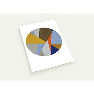 May include: A white rectangular card with an abstract geometric design. The design is an oval shape filled with triangles in shades of brown, yellow, orange, blue, and gray. A small signature is in the lower right corner.