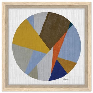 May include: Abstract geometric art print featuring a circular design with various shapes and colors. The artwork includes triangles and other forms in shades of yellow, brown, blue, and gray, set against a white background, framed in natural wood.