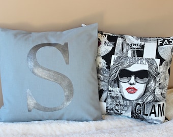 Monogram Pillow Cover 16 x 16 Initial Cushion Grey and Silver Decorative Pillow Modern Throw Pillow