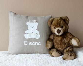 Personalized  Baby Girl Pillow  New Born Linen Cushion 16 x 16 Baby Pillow Teddybear Pillow Linen Princess Pillow