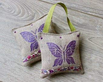 Set of 2 Lavender Sachets with Liberty of London ribbons  - French Lavender Pillows - Organic Lavender Drawer Sachets - Butterfly Sachets