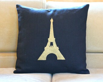 Taie d'oreiller Tour Eiffel noire et dorée - Taie d'oreiller Tour Eiffel dorée peinte à la main - Coussin décoratif Paris 16 x 16