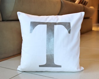 Monogram Pillow Cover 16 x 16 Initial Cushion White and Silver Decorative Pillow Modern Throw Pillow