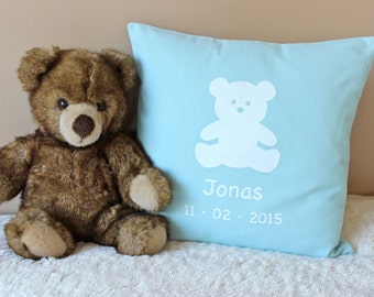 Personalisiertes Baby Kissen - Handgemaltes Neugeborenen Kissen - 16 x 16 Babykissen - Teddybär Kissen - Personalisiertes Baby Jungen Kissen