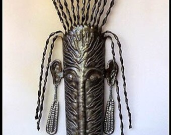 HAITIAN TRIBAL Mask, African Mask, Tribal Art, Metal Wall Hanging, Ethnic Art, Ethnic Mask, Haitian Metal Art, Metal Wall Art, 9 x 33", 1804